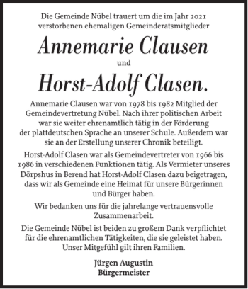 Traueranzeige von Annemarie Clausen Horst-Adolf Clasen von Schleswiger Nachrichten