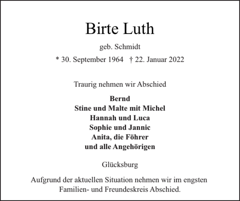  Traueranzeige für Birte Luth vom 26.01.2022 aus Flensburger Tageblatt