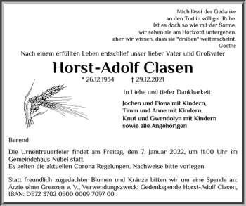 Traueranzeige von Horst-Adolf Clasen von Schleswiger Nachrichten