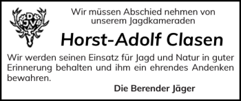 Traueranzeige von Horst-Adolf Clasen von Schleswiger Nachrichten