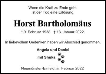 Traueranzeige von Horst Bartholomäus von Holsteinischer Courier