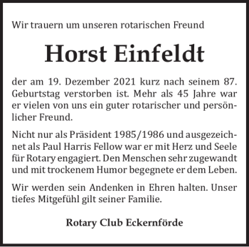 Traueranzeige von Horst Einfeldt von Eckernförder Zeitung
