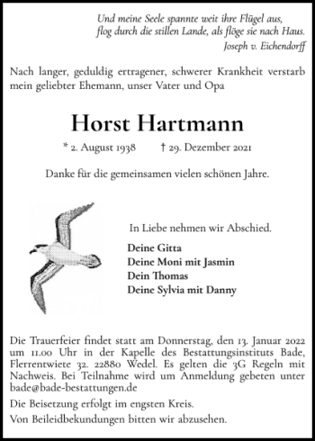 Traueranzeige von Horst Hartmann von Wedel-Schulauer Tageblatt