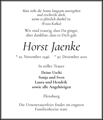 Traueranzeige von Horst Jaenke von Flensburger Tageblatt