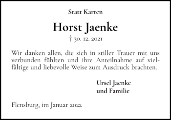 Traueranzeige von Horst Jaenke von Flensburger Tageblatt