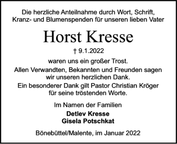 Traueranzeige von Horst Kresse von Holsteinischer Courier