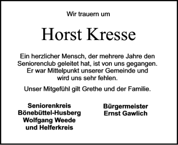 Traueranzeige von Horst Kresse von Holsteinischer Courier