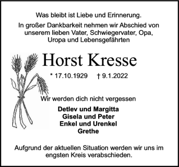 Traueranzeige von Horst Kresse von Holsteinischer Courier