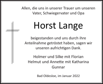 Traueranzeige von Horst Lange von Stormarner Tageblatt
