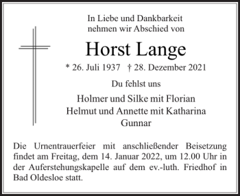 Traueranzeige von Horst Lange von Stormarner Tageblatt