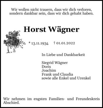 Traueranzeige von Horst Wägner von Pinneberger Tageblatt
