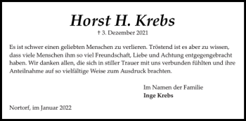 Traueranzeige von Horst H. Krebs von Landeszeitung