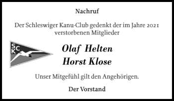Traueranzeige von Olaf Helten Horst Klose von Schleswiger Nachrichten
