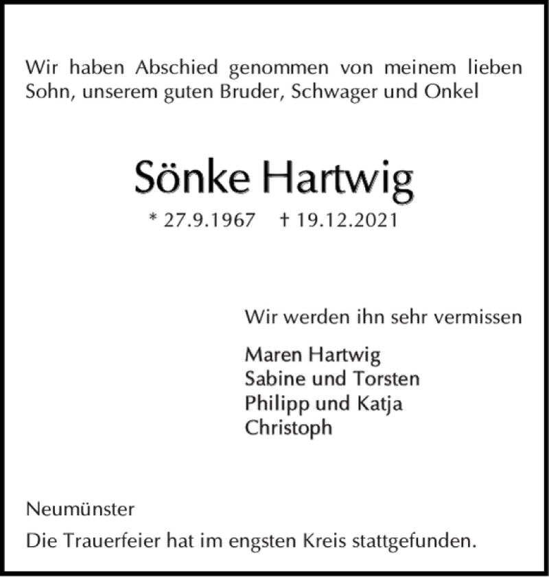  Traueranzeige für Sönke Hartwig vom 22.01.2022 aus Holsteinischer Courier