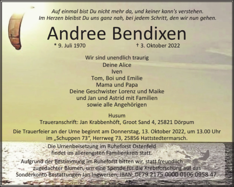  Traueranzeige für Andree Bendixen vom 08.10.2022 aus Husumer Nachrichten