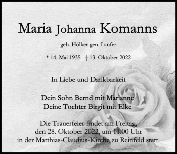 Traueranzeige von Freitag umder Matthias-Claudius-Kirche zu Reinfeld und  von Stormarner Tageblatt