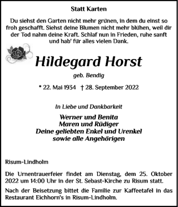 Traueranzeige von Hildegard Horst von Nordfriesland Tageblatt