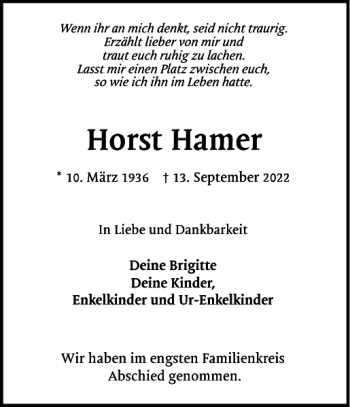 Traueranzeige von Horst Hamer von Pinneberger Tageblatt