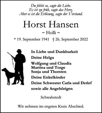 Traueranzeige von Horst Hansen von Husumer Nachrichten