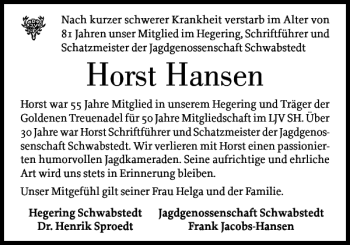 Traueranzeige von Horst Hansen von Husumer Nachrichten