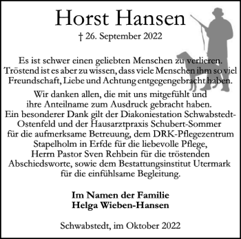 Traueranzeige von Horst Hansen von Husumer Nachrichten