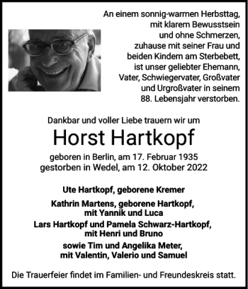 Traueranzeige von Horst Hartkopf von Wedel-Schulauer Tageblatt