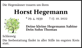 Traueranzeige von Horst Hegemann von Schleswiger Nachrichten