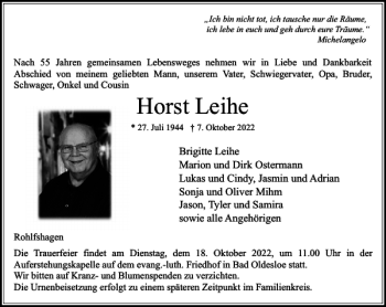 Traueranzeige von Horst Leihe von Stormarner Tageblatt
