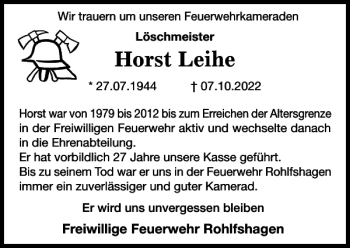 Traueranzeige von Horst Leihe von Stormarner Tageblatt