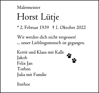 Traueranzeige von Horst Lütje von Norddeutsche Rundschau