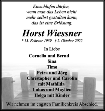 Traueranzeige von Horst Wiessner von Flensburger Tageblatt