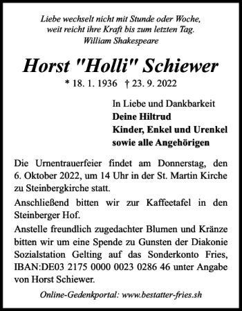 Traueranzeige von Horst Holli Schiewer von Flensburger Tageblatt