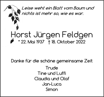 Traueranzeige von Horst Jürgen Feldgen von Pinneberger Tageblatt