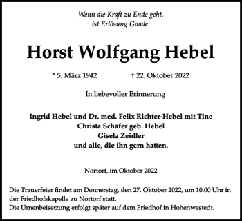 Traueranzeige von Horst Wolfgang Hebel von Landeszeitung