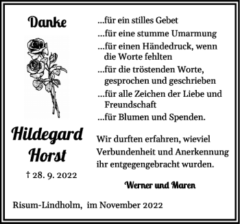 Traueranzeige von Hildegard Horst von Nordfriesland Tageblatt