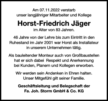 Traueranzeige von Horst-Friedrich Jäger von Landeszeitung