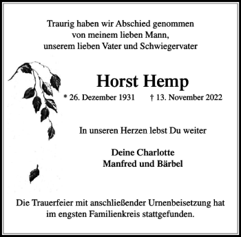 Traueranzeige von Horst Hemp von Stormarner Tageblatt