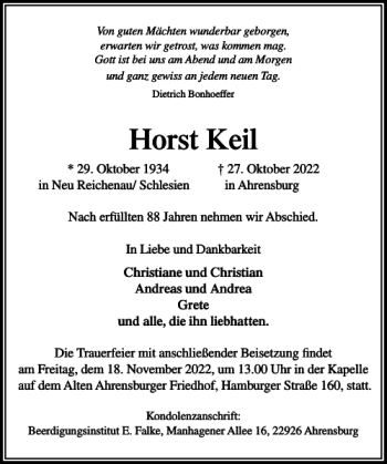 Traueranzeige von Horst Keil von Stormarner Tageblatt