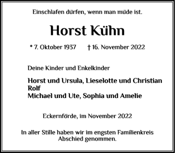 Traueranzeige von Horst Kühn von Eckernförder Zeitung