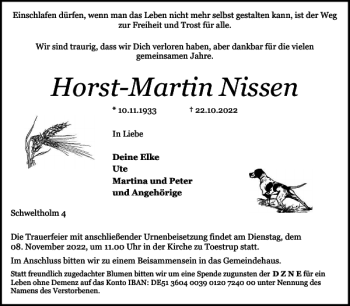 Traueranzeige von Horst-Martin Nissen von Flensburger Tageblatt