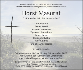 Traueranzeige von Horst Masurat von Pinneberger Tageblatt