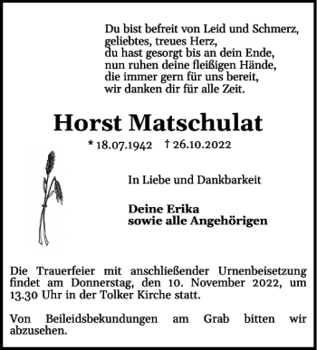 Traueranzeige von Horst Matschulat von Schleswiger Nachrichten