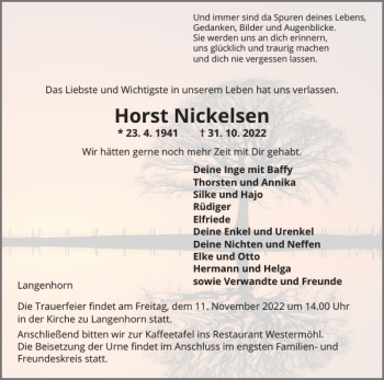 Traueranzeige von Horst Nickelsen von Husumer Nachrichten