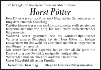 Traueranzeige von Horst Pötter von Landeszeitung