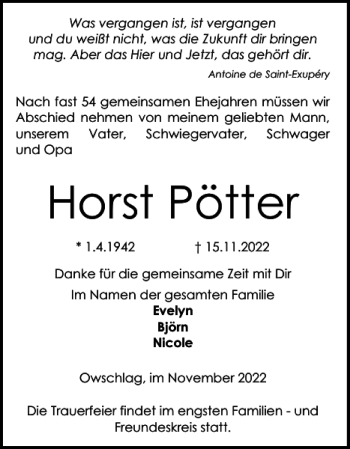 Traueranzeige von Horst Pötter von Landeszeitung