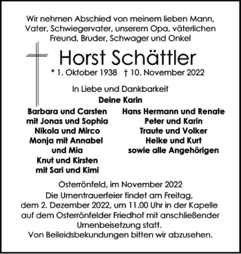 Traueranzeige von Horst Schättler von Landeszeitung