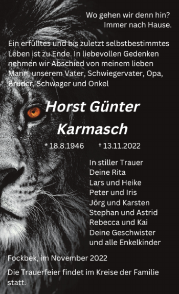 Traueranzeige von Horst Günter Karmasch von Landeszeitung