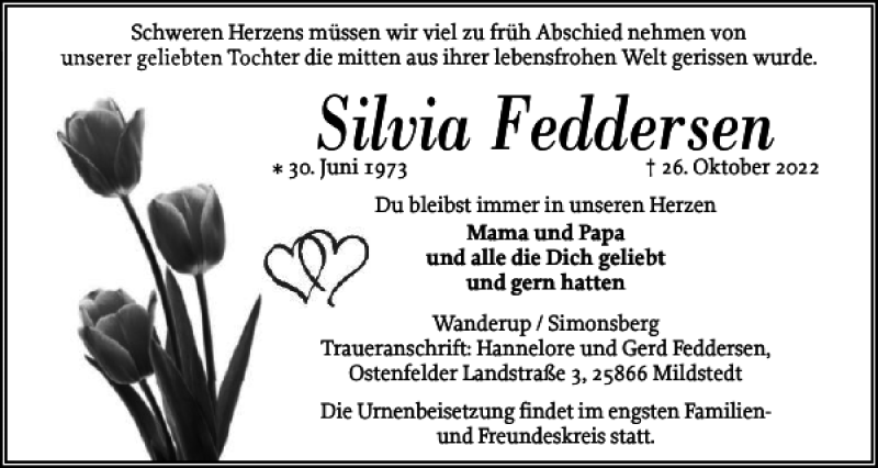  Traueranzeige für Silvia Feddersen vom 05.11.2022 aus Husumer Nachrichten