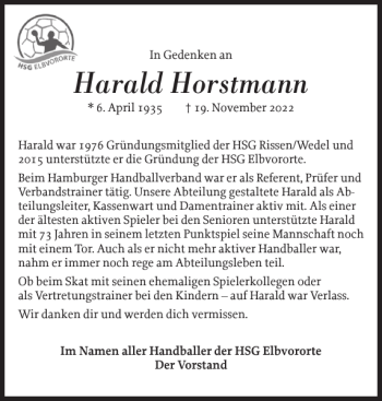 Traueranzeige von Harald Horstmann von Wedel-Schulauer Tageblatt