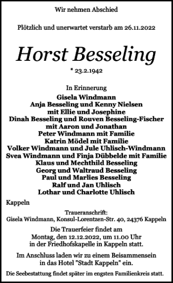 Traueranzeige von Horst Besseling von Schlei-Bote